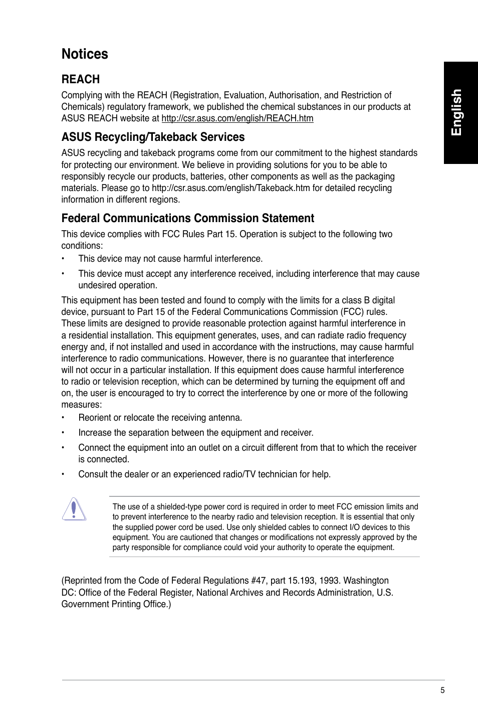 Notices, English, Reach | Asus recycling/takeback services, Federal communications commission statement | Asus CM6340 User Manual | Page 7 / 492