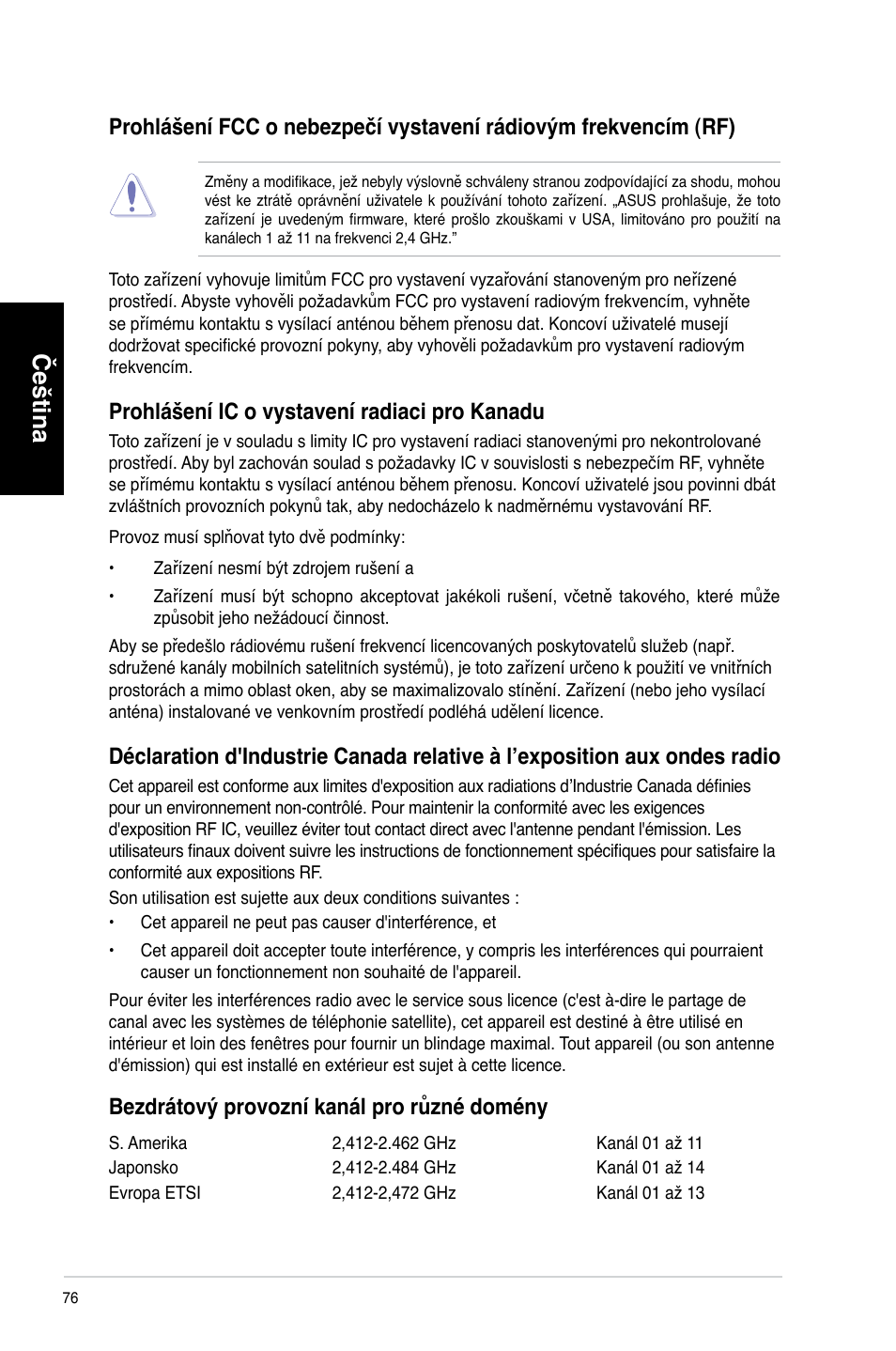 Čeština, Prohlášení ic o vystavení radiaci pro kanadu, Bezdrátový provozní kanál pro různé domény | Asus CM6340 User Manual | Page 78 / 492
