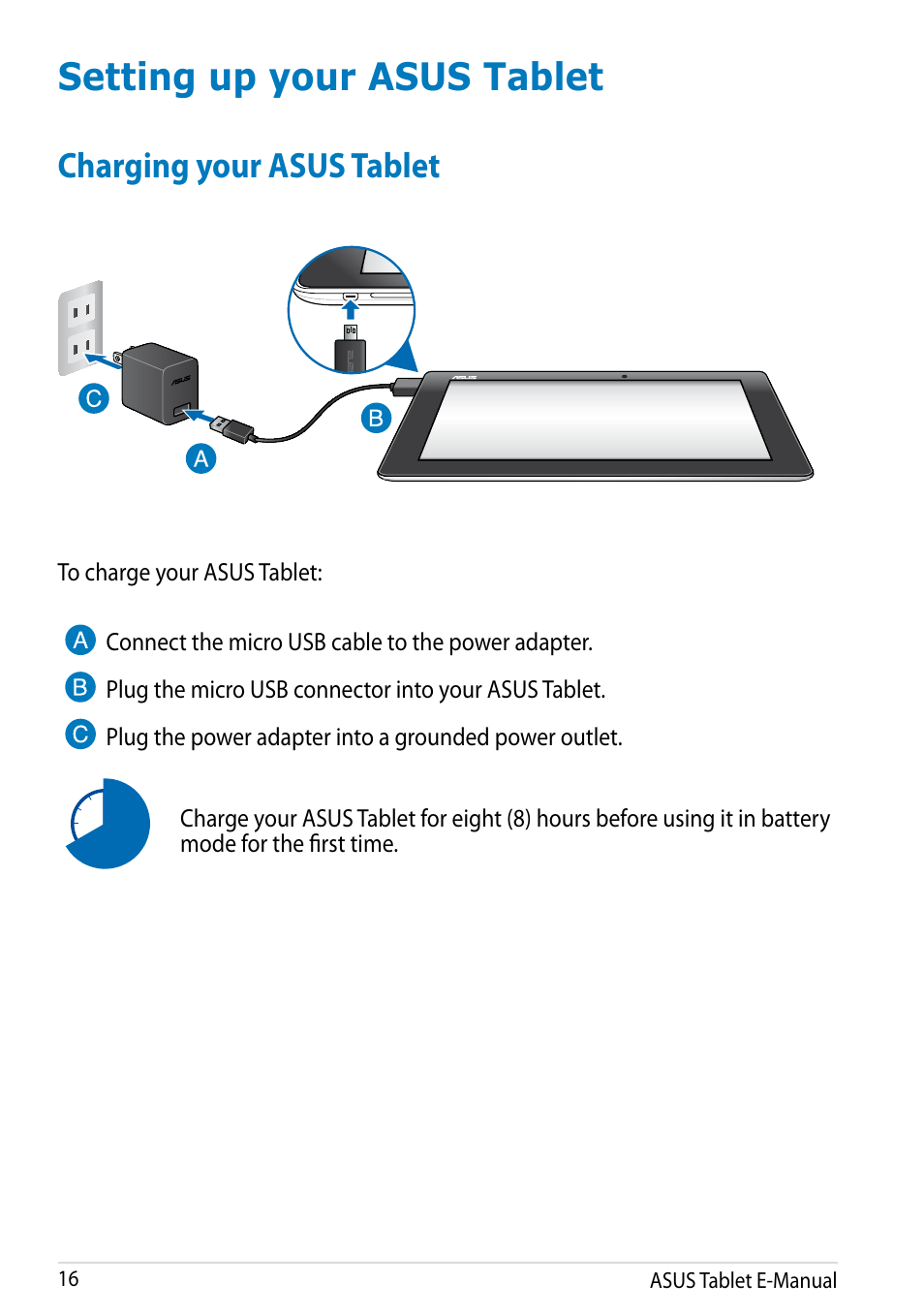 Setting up your asus tablet, Charging your asus tablet | Asus MeMO Pad 10 User Manual | Page 16 / 88