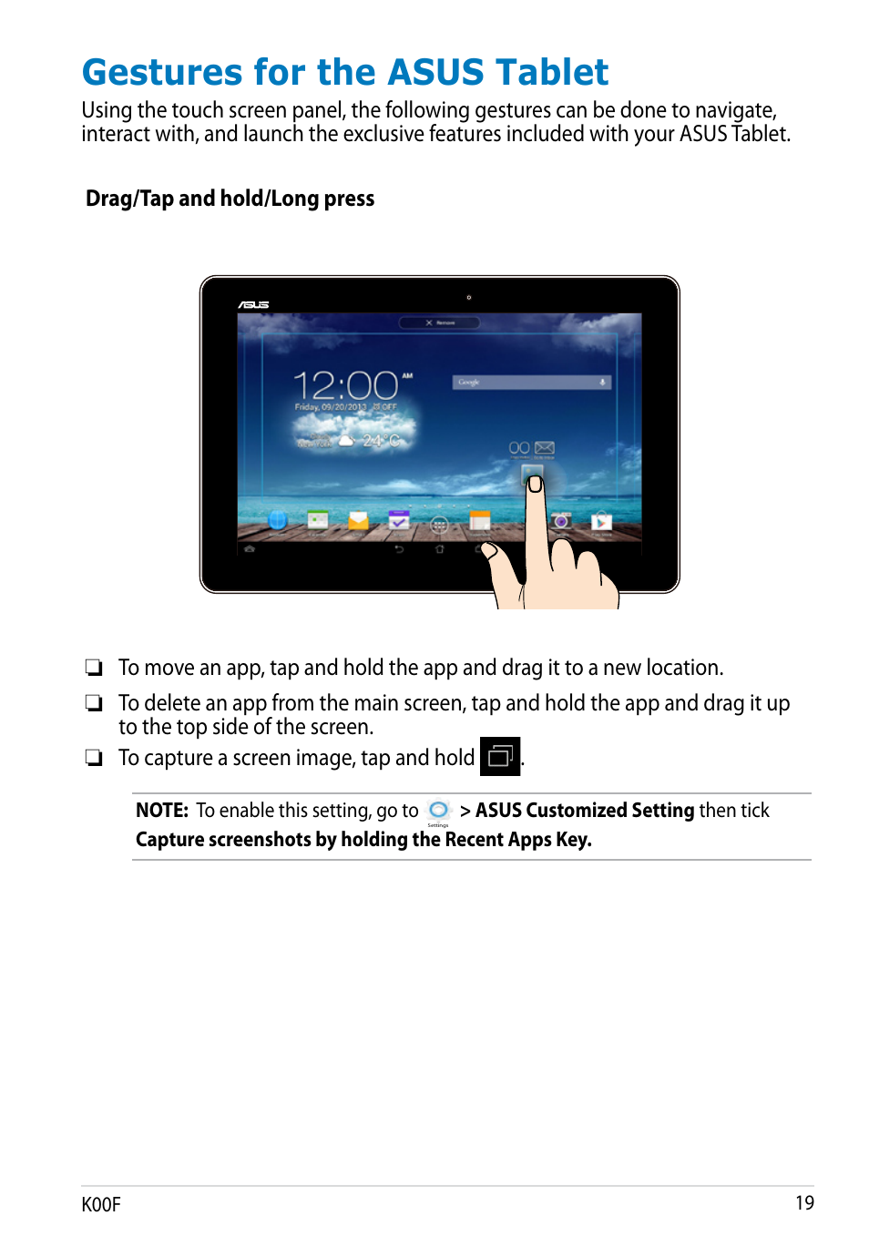 Gestures for the asus tablet | Asus MeMO Pad 10 User Manual | Page 19 / 88