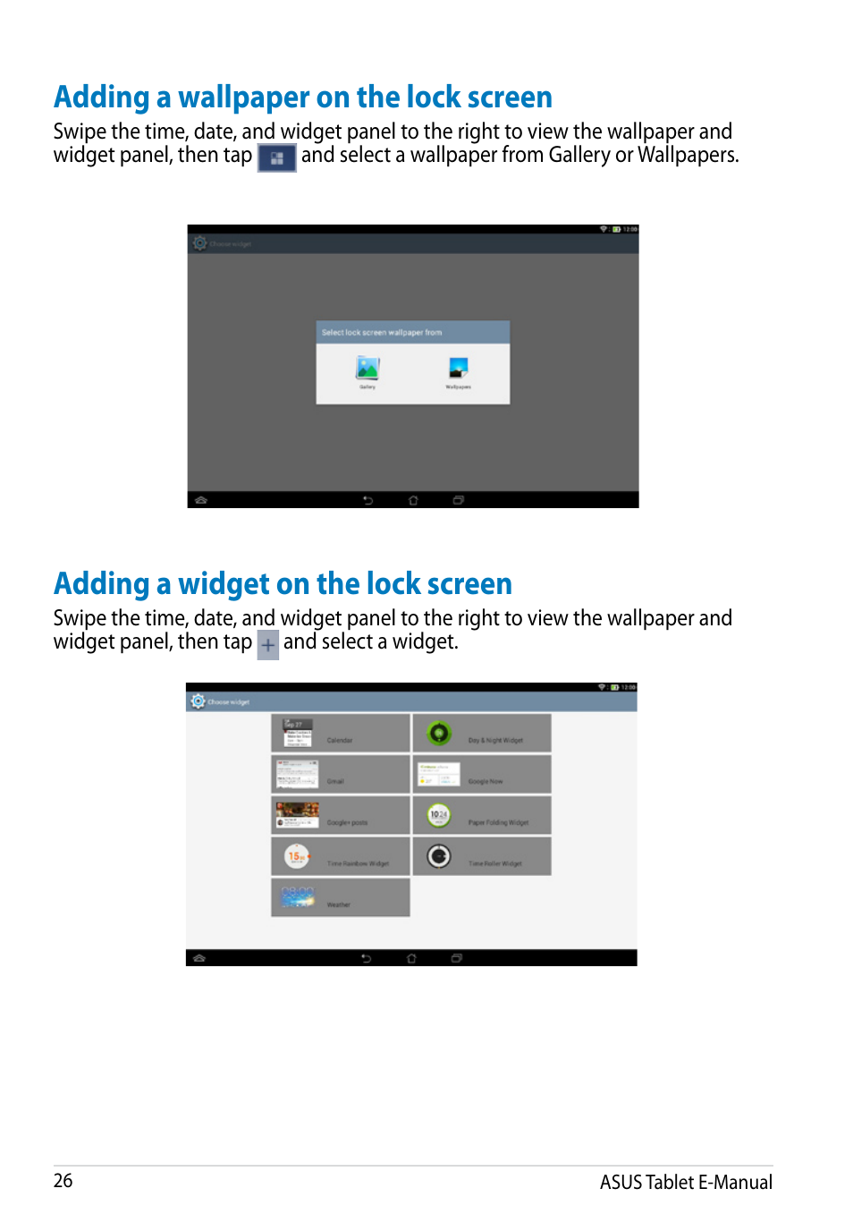 Adding a wallpaper on the lock screen, Adding a widget on the lock screen | Asus MeMO Pad 10 User Manual | Page 26 / 88