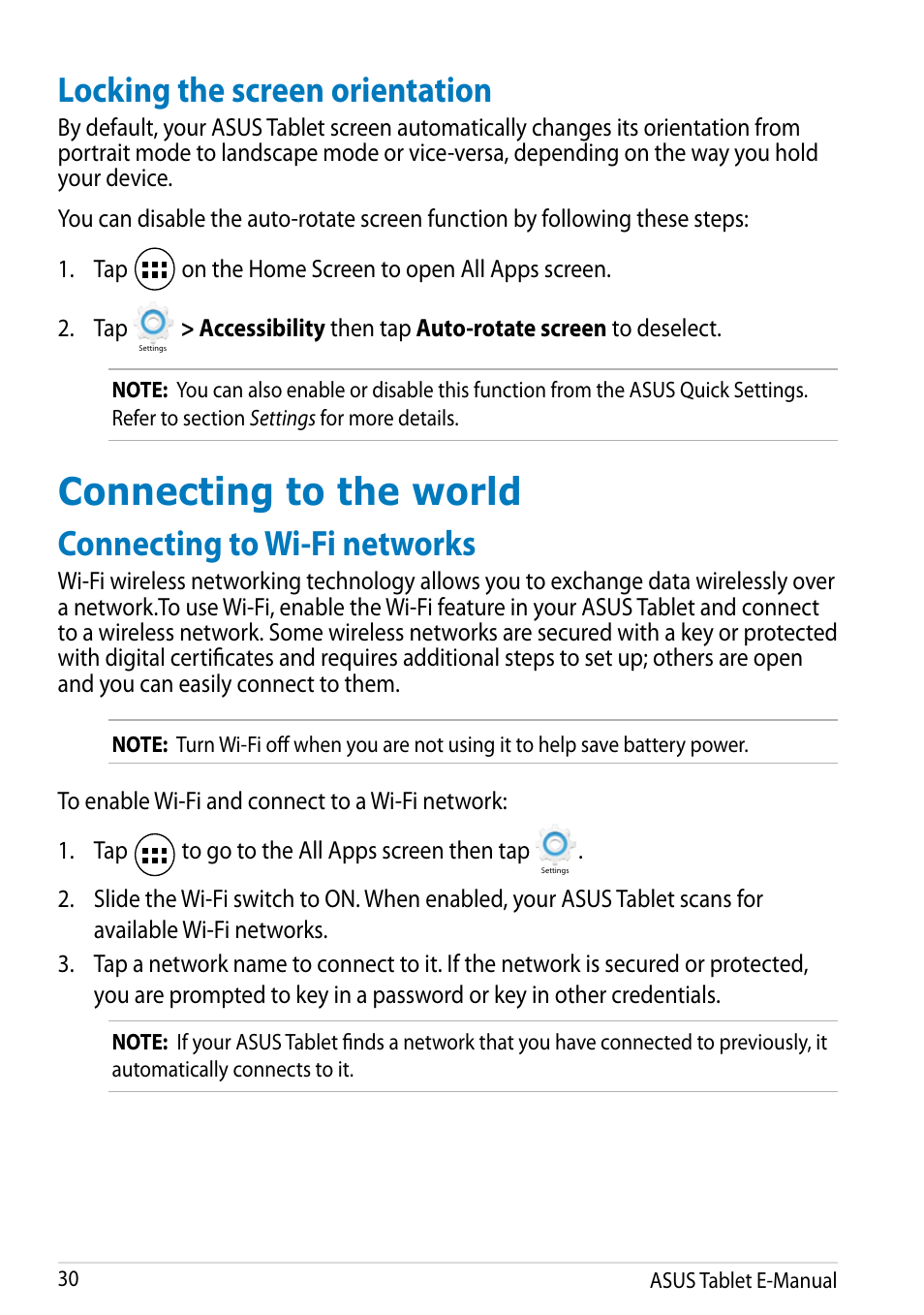 Locking the screen orientation, Connecting to the world, Connecting to wi-fi networks | Asus MeMO Pad 10 User Manual | Page 30 / 88