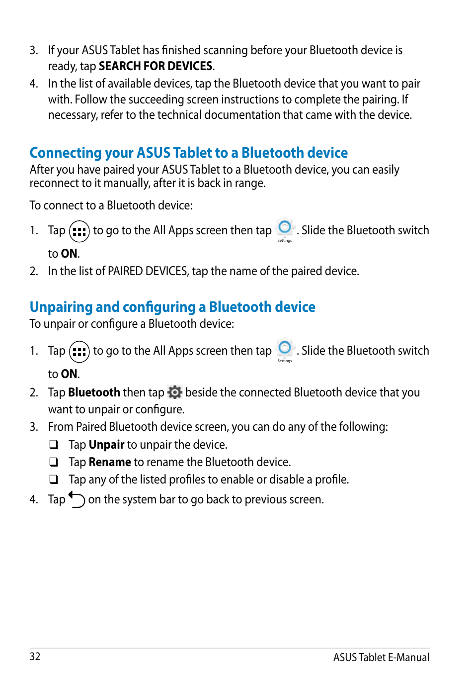 Connecting your asus tablet to a bluetooth device, Unpairing and configuring a bluetooth device | Asus MeMO Pad 10 User Manual | Page 32 / 88