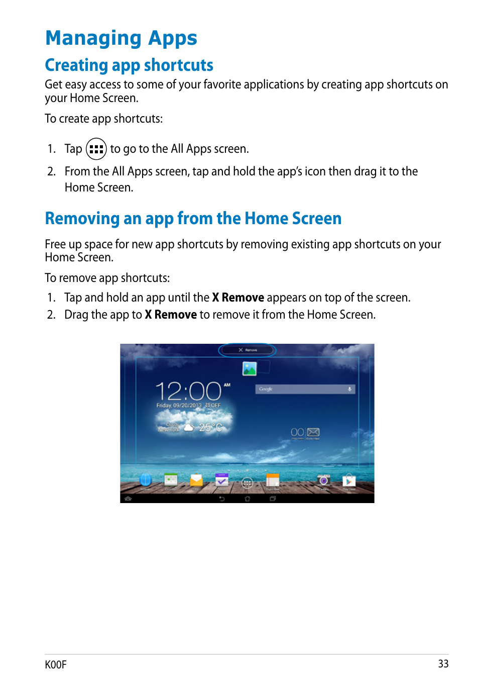 Managing apps, Creating app shortcuts, Removing an app from the home screen | Asus MeMO Pad 10 User Manual | Page 33 / 88