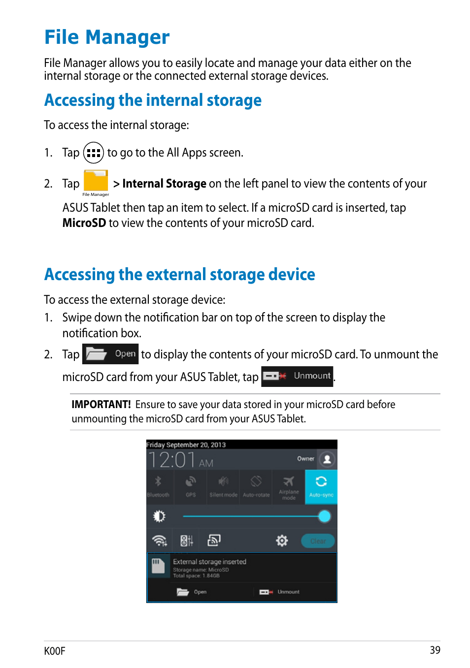 File manager, Accessing the internal storage, Accessing the external storage device | Asus MeMO Pad 10 User Manual | Page 39 / 88