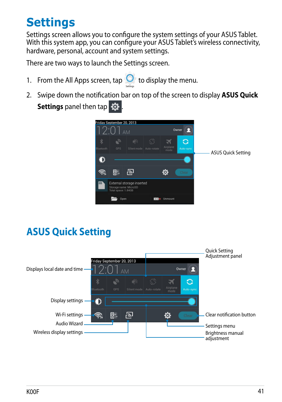 Settings, Asus quick setting | Asus MeMO Pad 10 User Manual | Page 41 / 88
