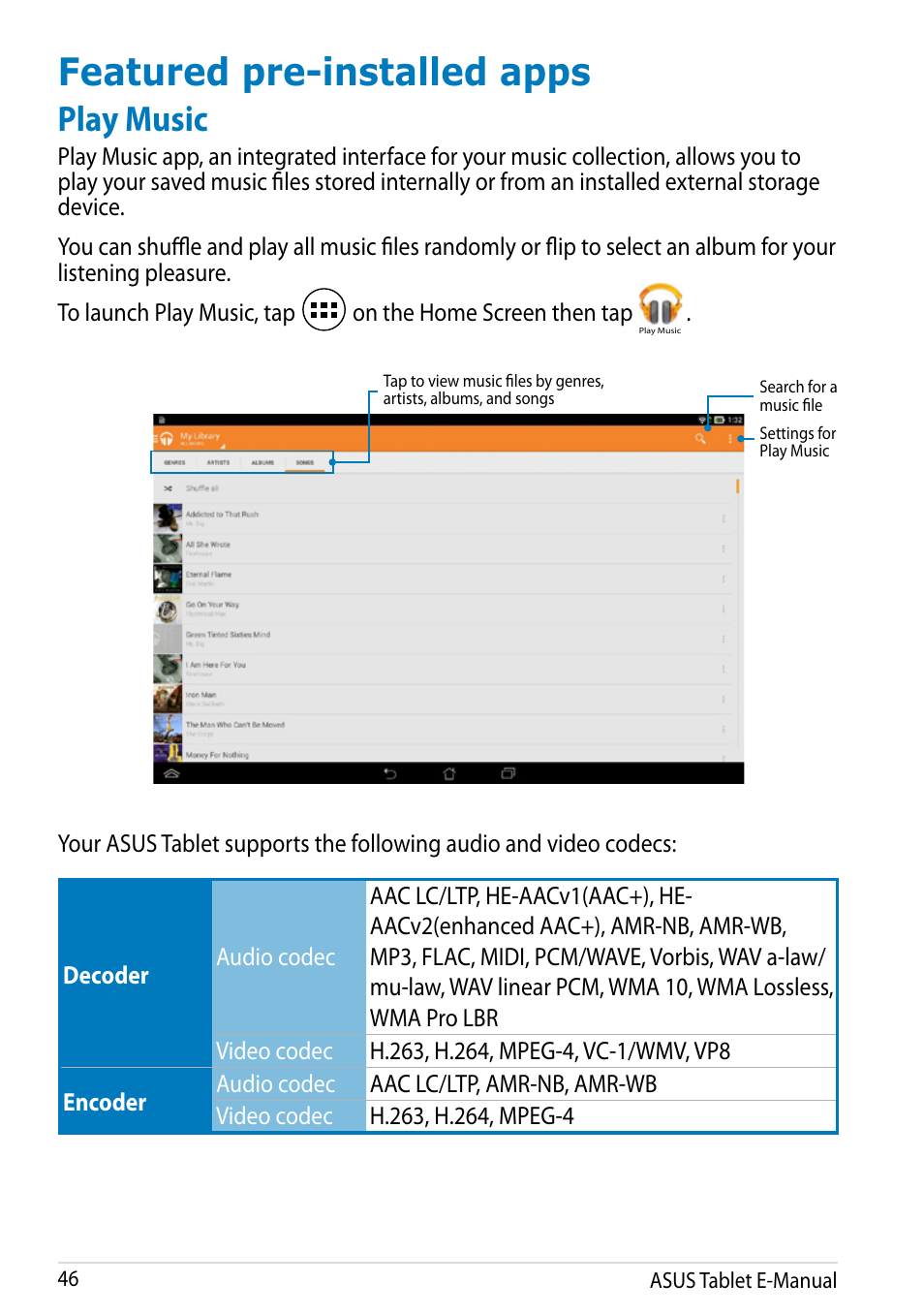Featured pre-installed apps, Play music | Asus MeMO Pad 10 User Manual | Page 46 / 88