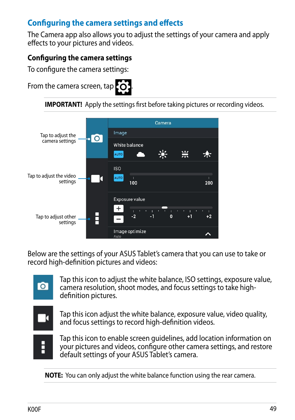 Configuring the camera settings and effects | Asus MeMO Pad 10 User Manual | Page 49 / 88