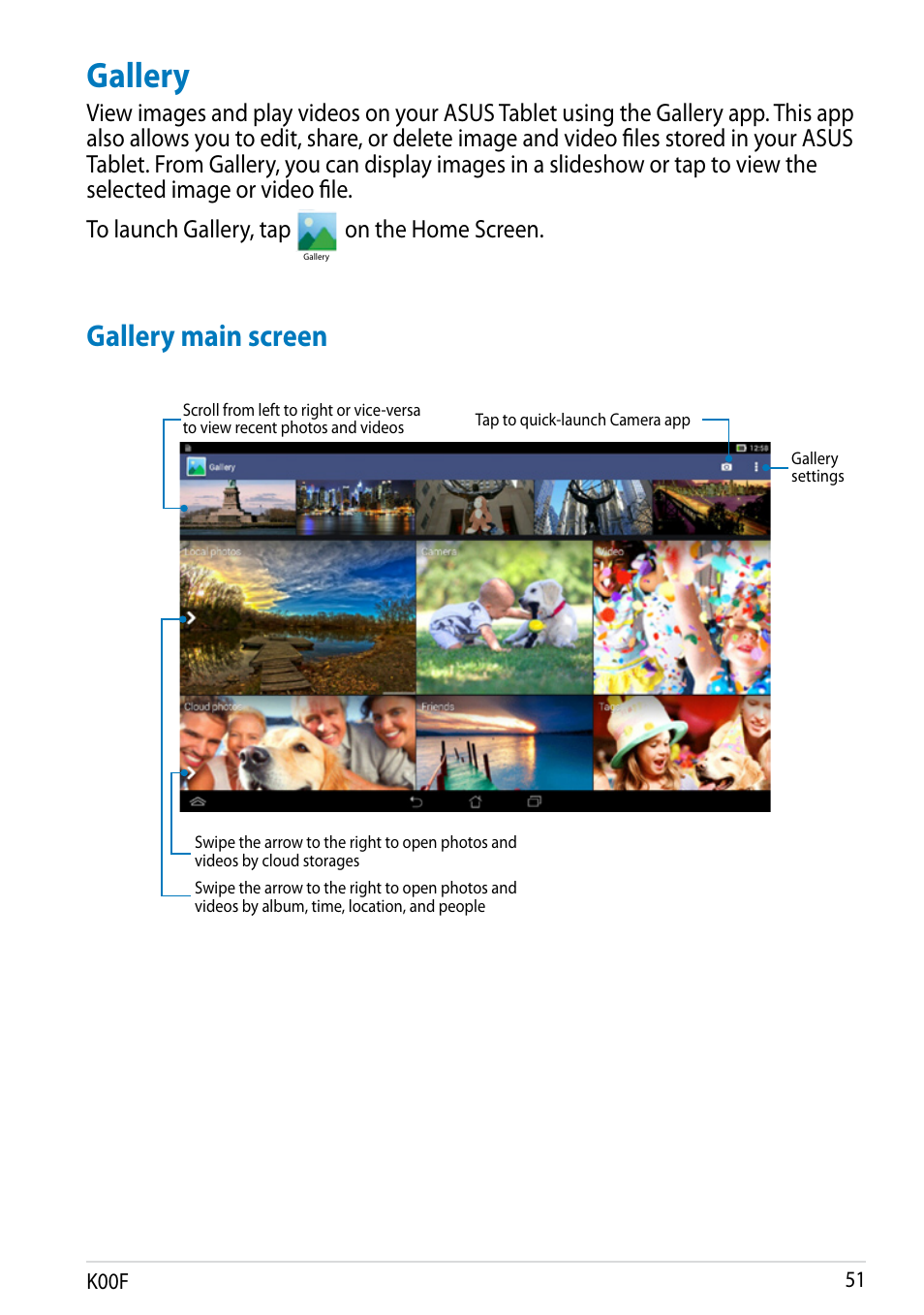 Gallery, Gallery main screen, On the home screen | Asus MeMO Pad 10 User Manual | Page 51 / 88