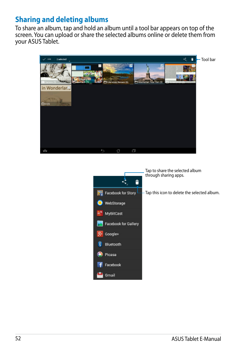Sharing and deleting albums | Asus MeMO Pad 10 User Manual | Page 52 / 88
