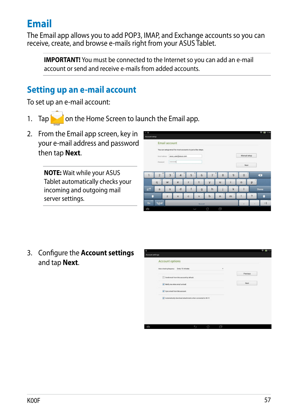 Email, Setting up an e-mail account | Asus MeMO Pad 10 User Manual | Page 57 / 88