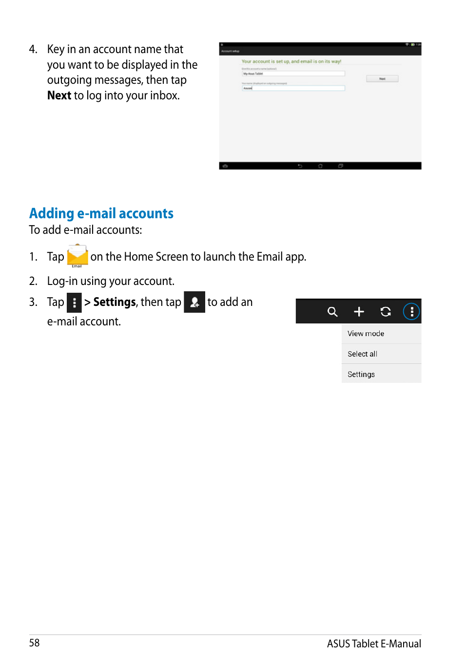 Adding e-mail accounts | Asus MeMO Pad 10 User Manual | Page 58 / 88