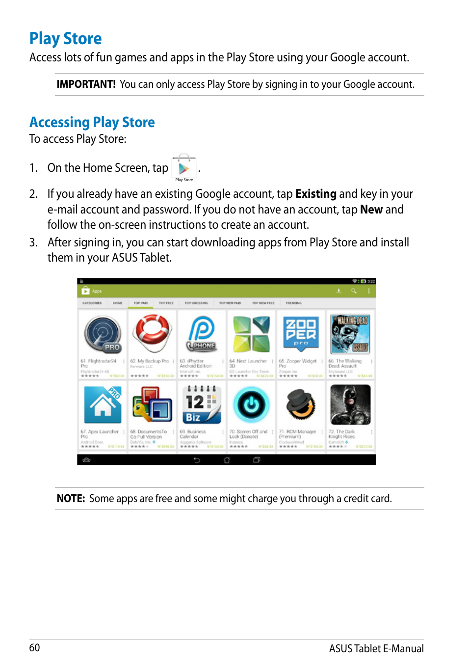 Play store, Accessing play store | Asus MeMO Pad 10 User Manual | Page 60 / 88