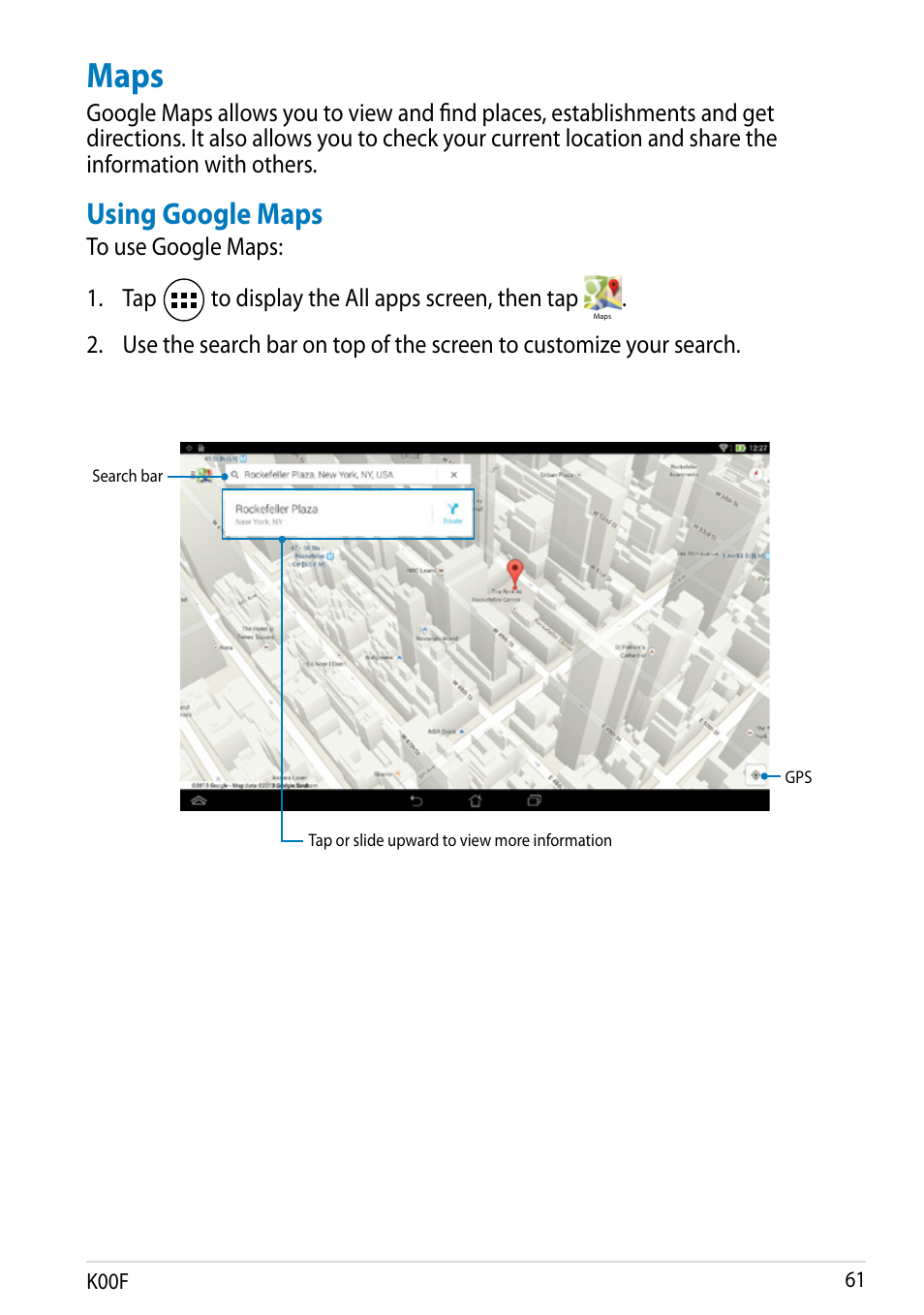Maps, Using google maps | Asus MeMO Pad 10 User Manual | Page 61 / 88