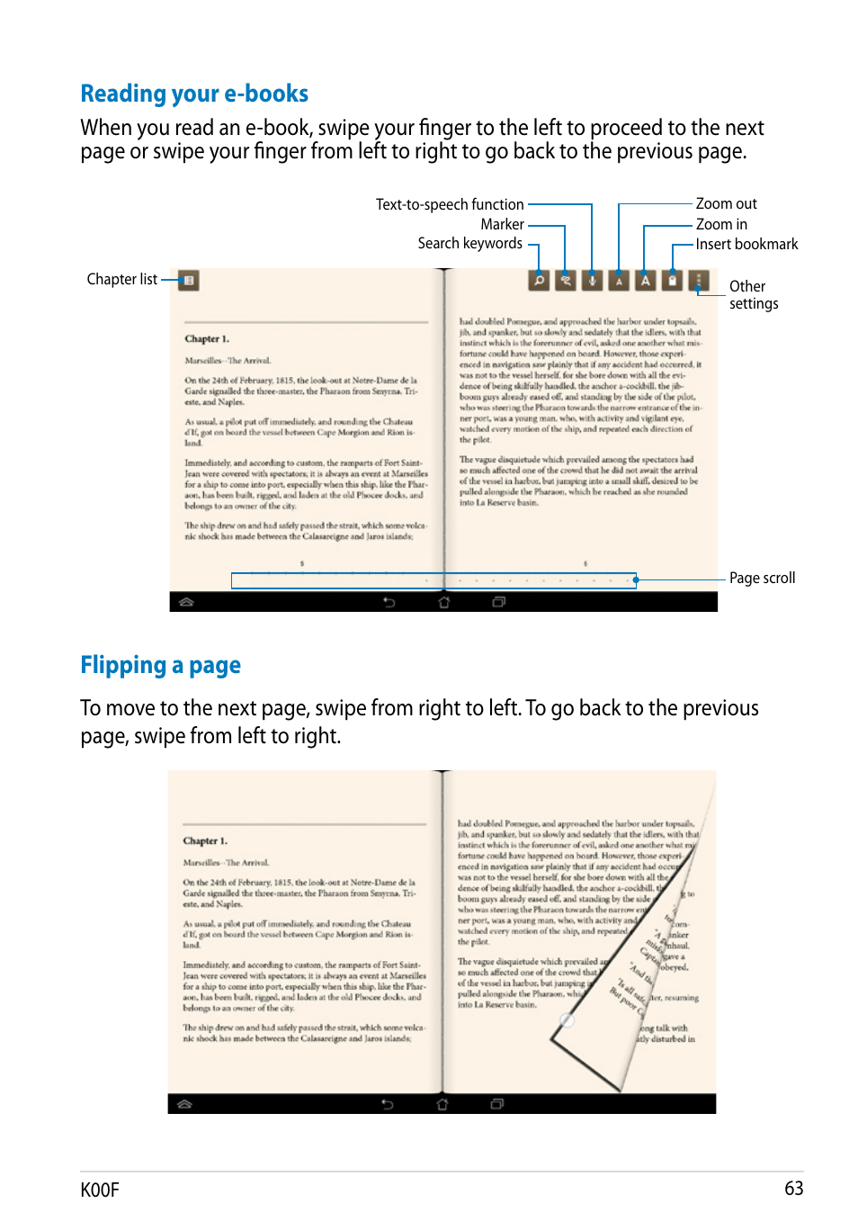 Reading your e-books, Flipping a page | Asus MeMO Pad 10 User Manual | Page 63 / 88