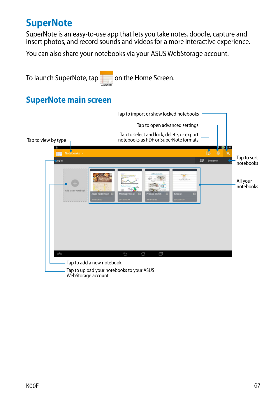 Supernote, On the home screen | Asus MeMO Pad 10 User Manual | Page 67 / 88