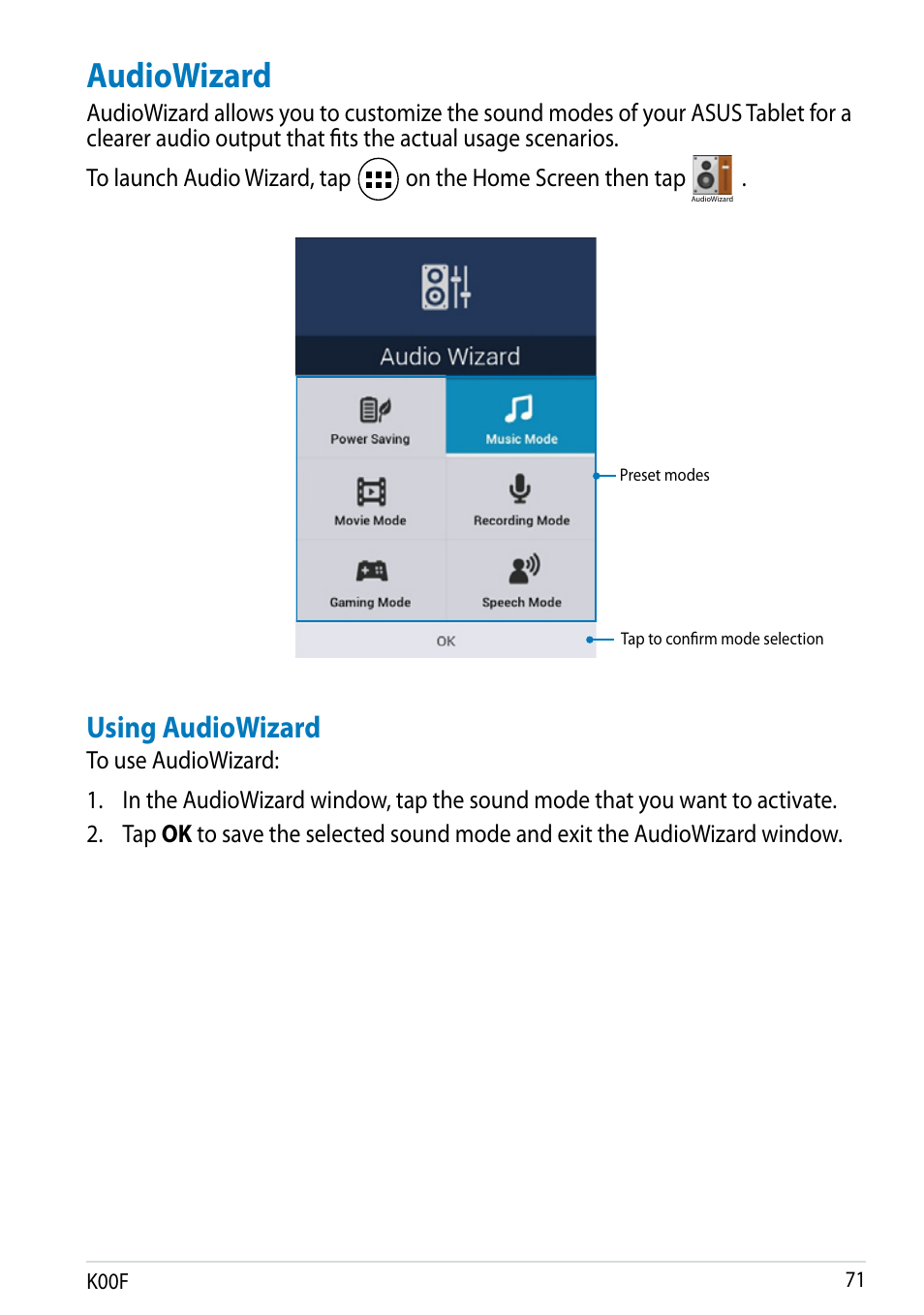 Audiowizard, Using audiowizard | Asus MeMO Pad 10 User Manual | Page 71 / 88