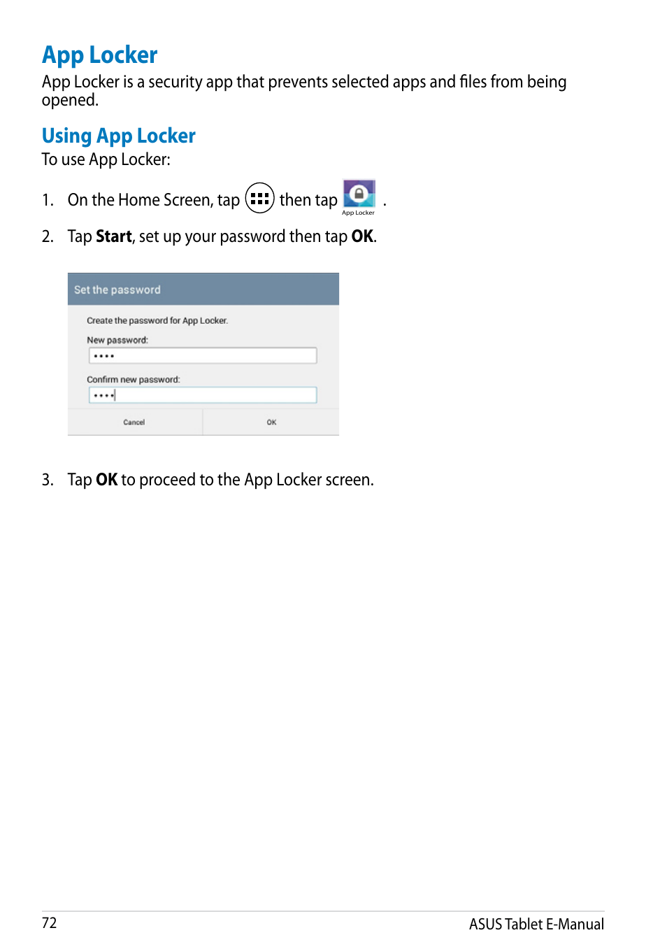 App locker, Using app locker | Asus MeMO Pad 10 User Manual | Page 72 / 88