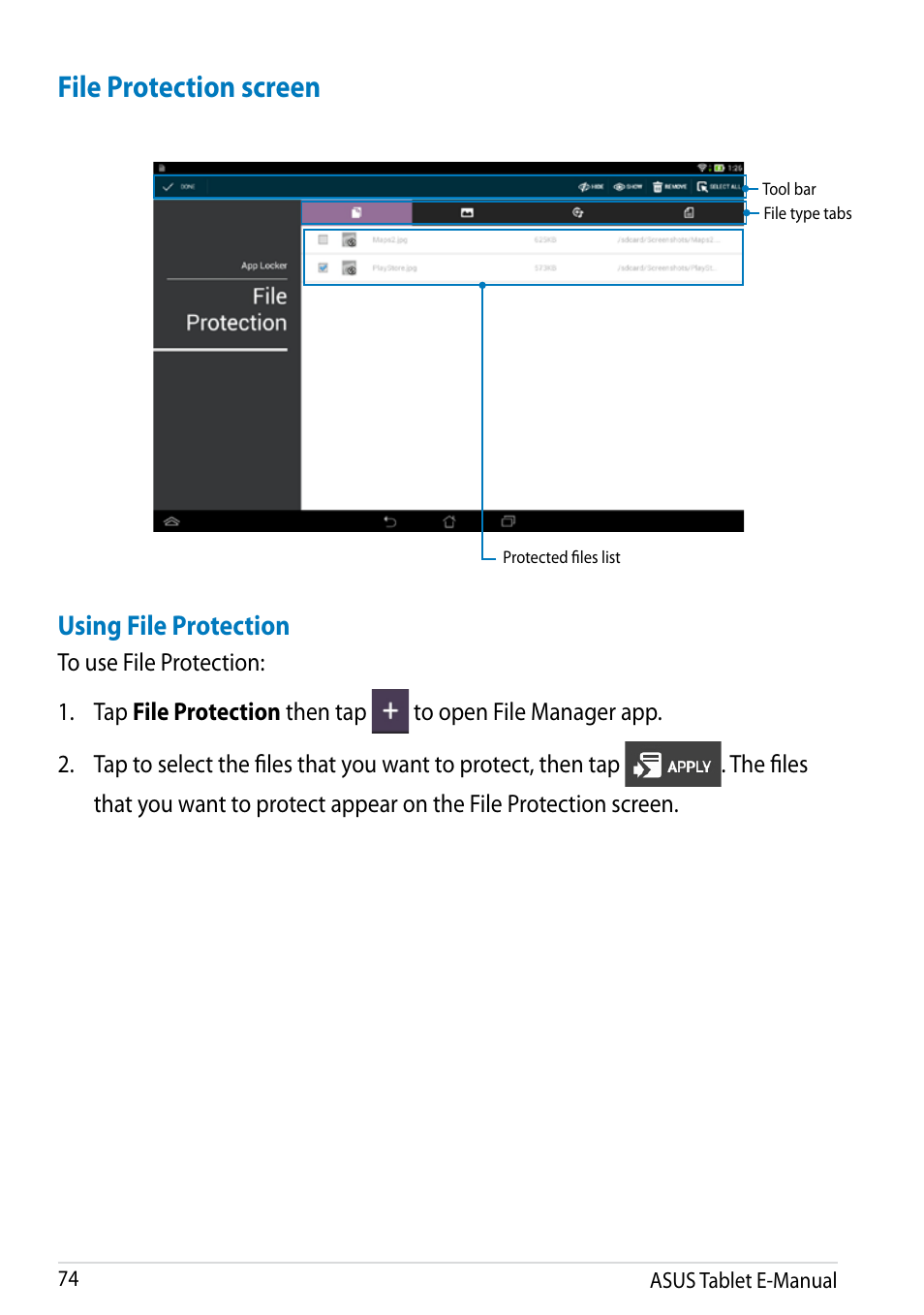 File protection screen, Using file protection | Asus MeMO Pad 10 User Manual | Page 74 / 88