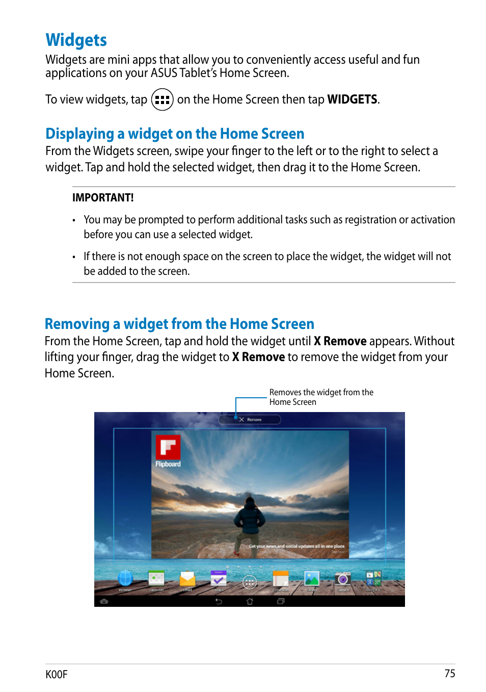 Widgets, Displaying a widget on the home screen, Removing a widget from the home screen | Asus MeMO Pad 10 User Manual | Page 75 / 88