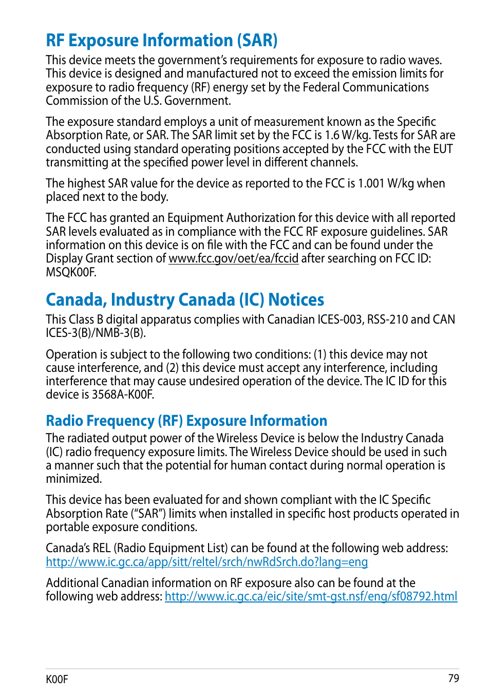 Rf exposure information (sar), Canada, industry canada (ic) notices, Radio frequency (rf) exposure information | Asus MeMO Pad 10 User Manual | Page 79 / 88