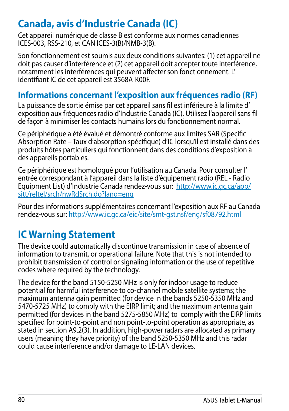 Canada, avis d’industrie canada (ic), Ic warning statement | Asus MeMO Pad 10 User Manual | Page 80 / 88