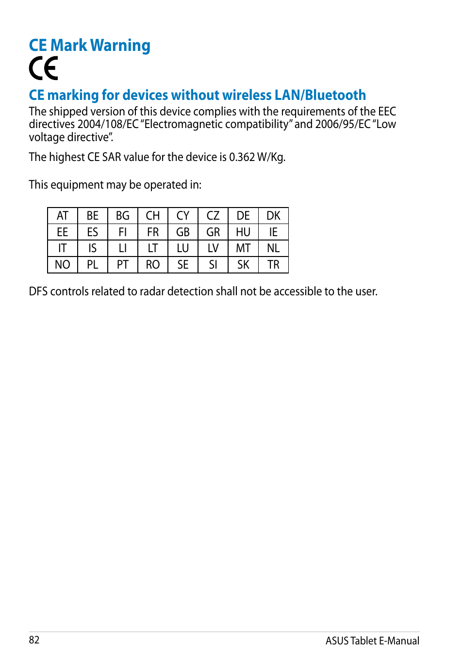 Ce mark warning | Asus MeMO Pad 10 User Manual | Page 82 / 88