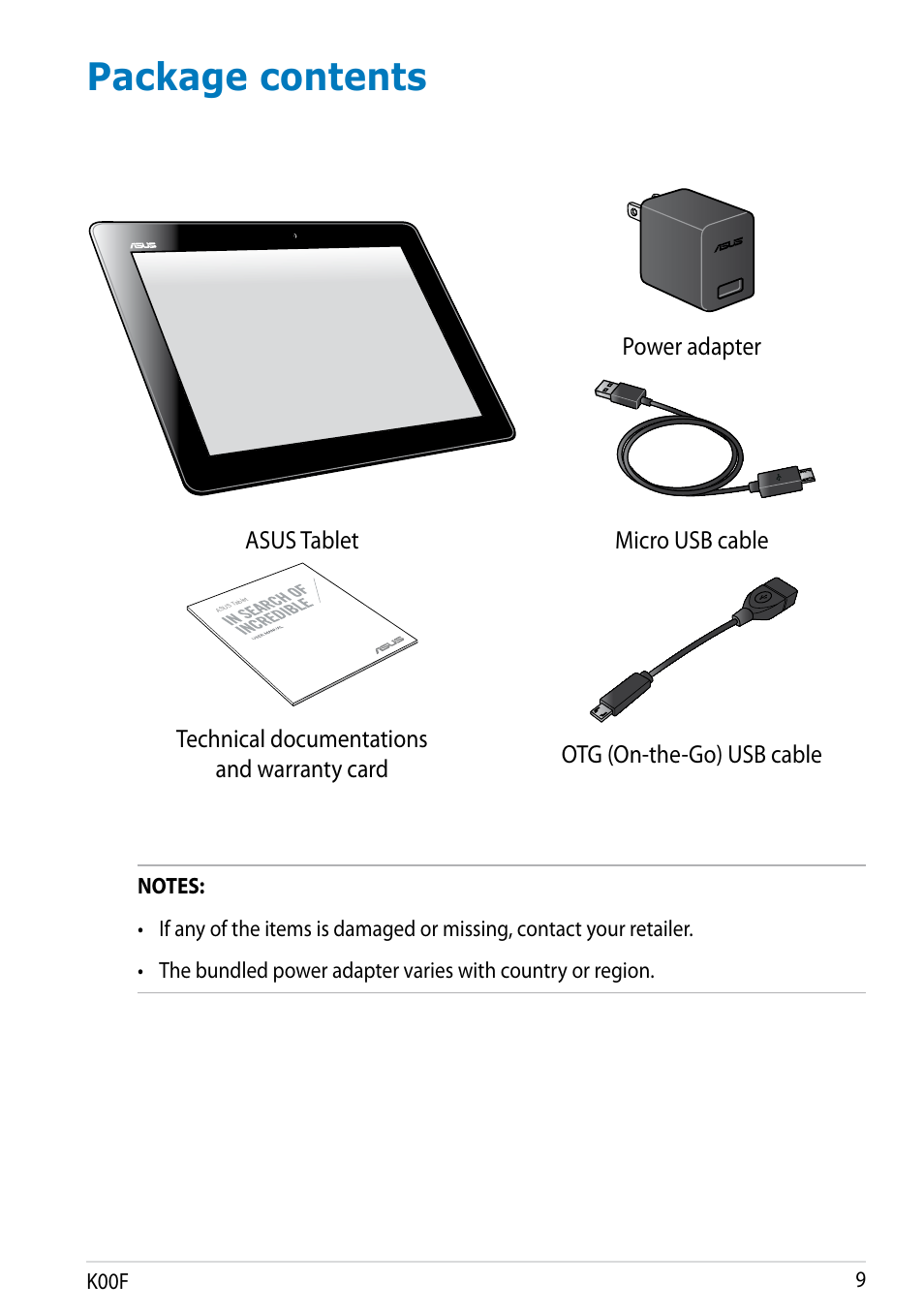 Package contents | Asus MeMO Pad 10 User Manual | Page 9 / 88