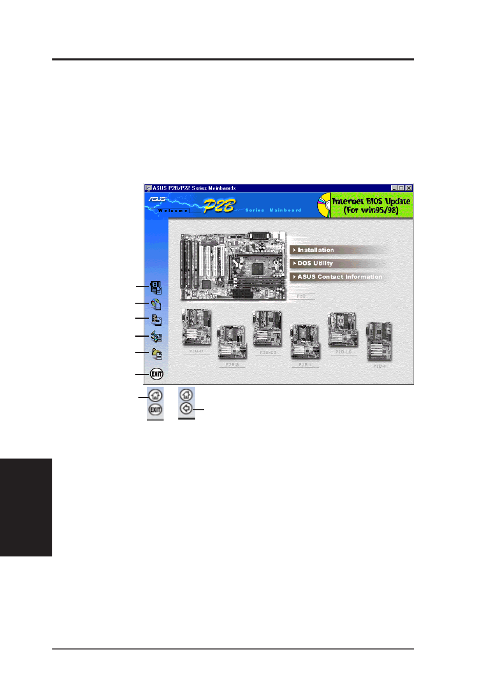 V. software setup, Asus smart motherboard support cd, Support cd main menu | Navigation button descriptions | Asus P2B-DS User Manual | Page 58 / 80
