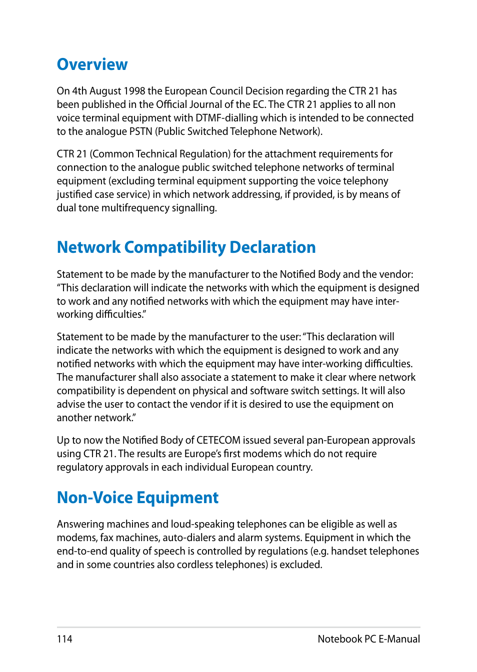 Overview, Network compatibility declaration, Non-voice equipment | Asus PU401LA User Manual | Page 114 / 132