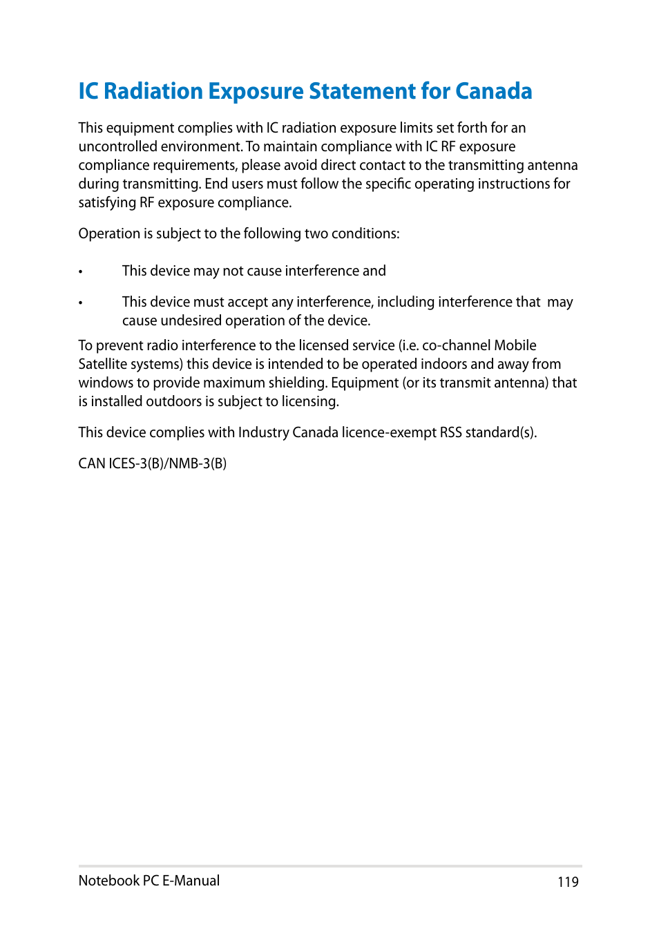 Ic radiation exposure statement for canada | Asus PU401LA User Manual | Page 119 / 132