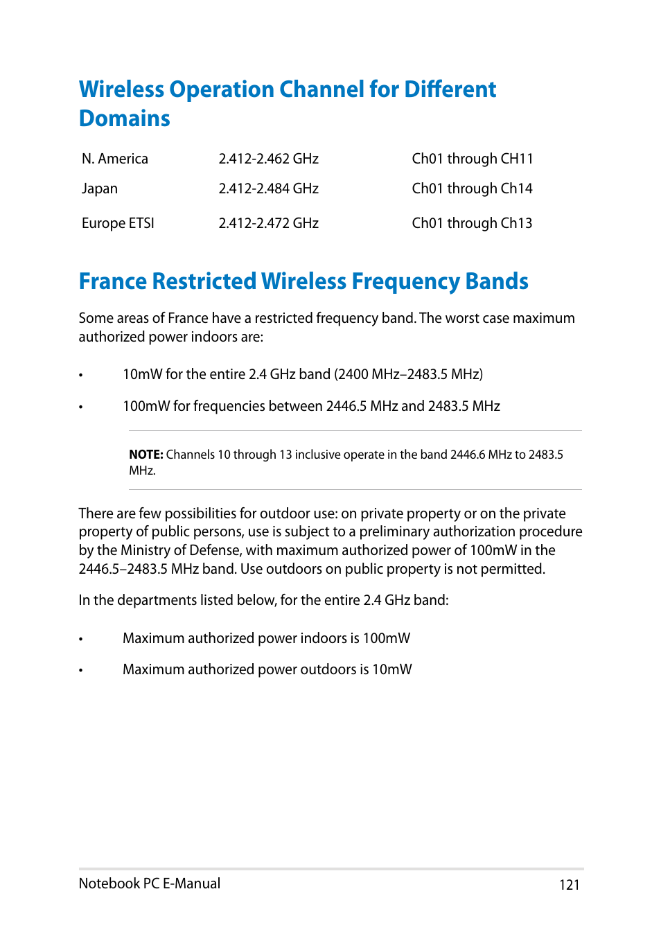 Wireless operation channel for different domains, France restricted wireless frequency bands | Asus PU401LA User Manual | Page 121 / 132