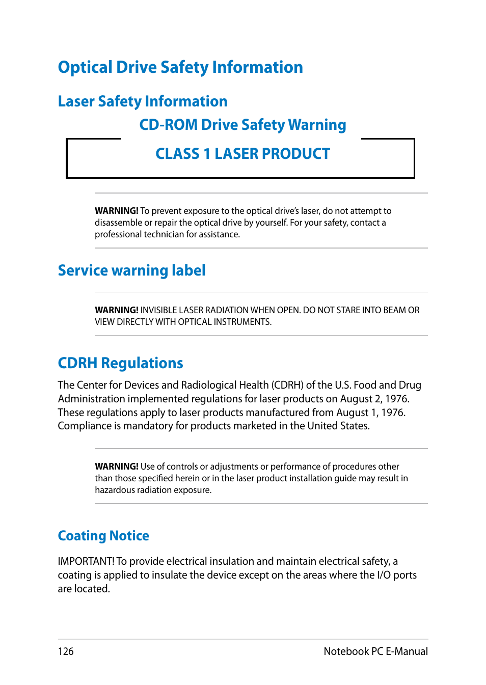 Optical drive safety information, Laser safety information, Cdrh regulations | Coating notice | Asus PU401LA User Manual | Page 126 / 132