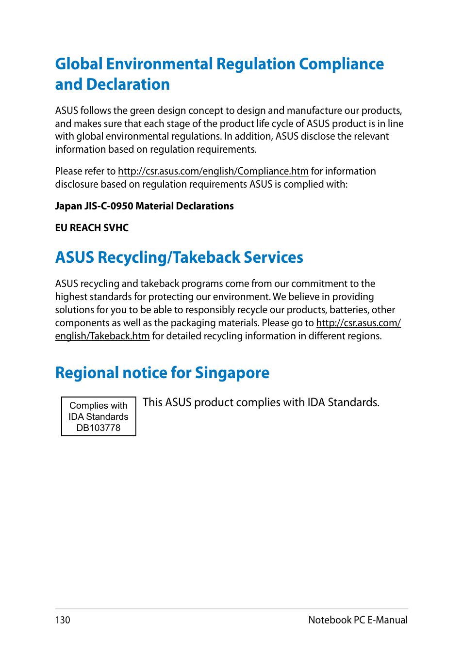 Asus recycling/takeback services, Regional notice for singapore | Asus PU401LA User Manual | Page 130 / 132