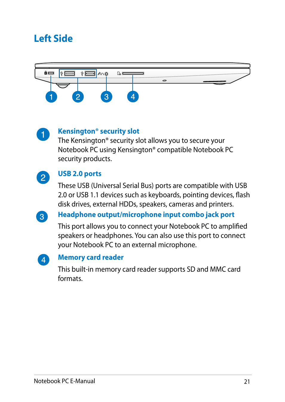 Left side | Asus PU401LA User Manual | Page 21 / 132