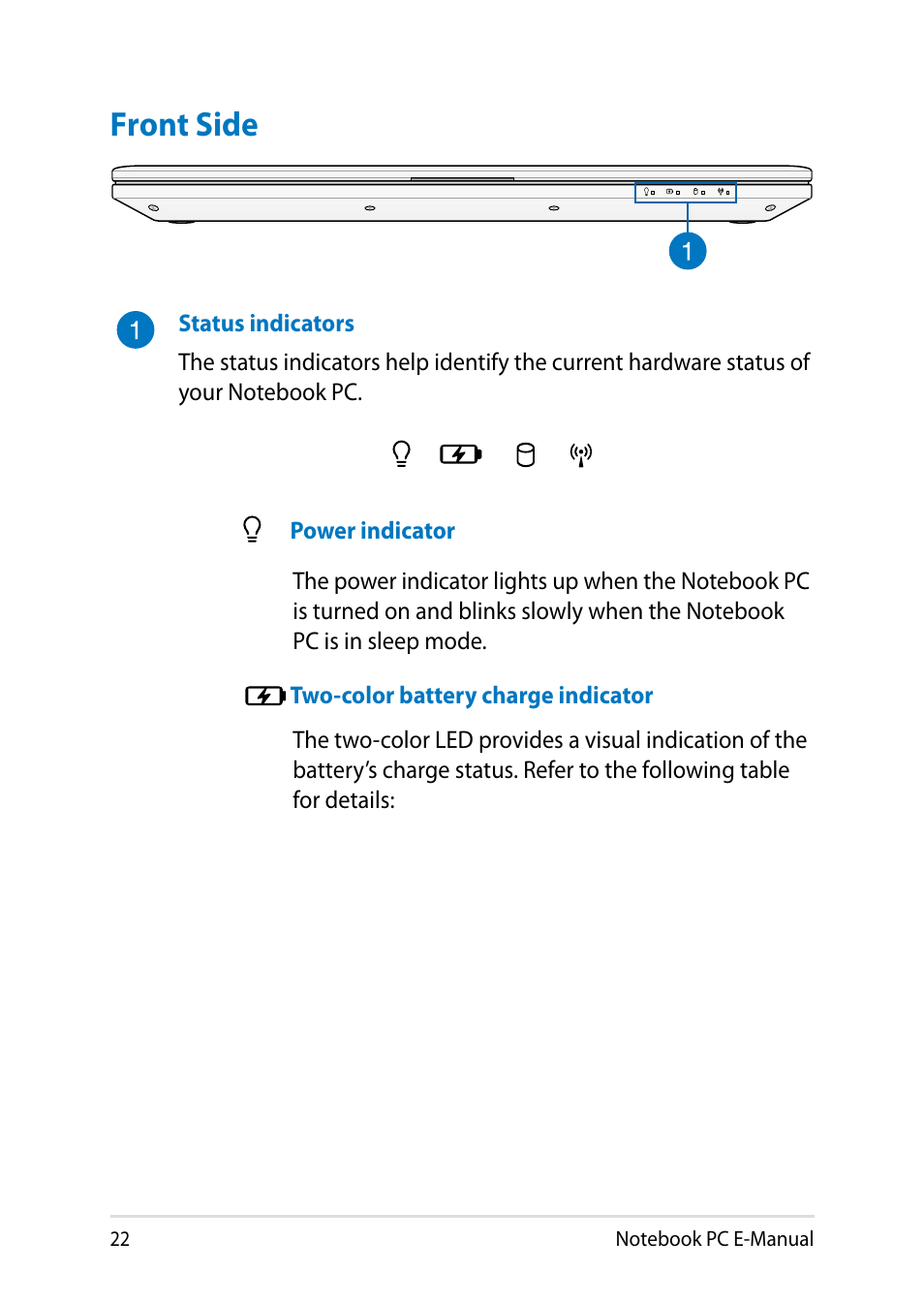 Front side | Asus PU401LA User Manual | Page 22 / 132