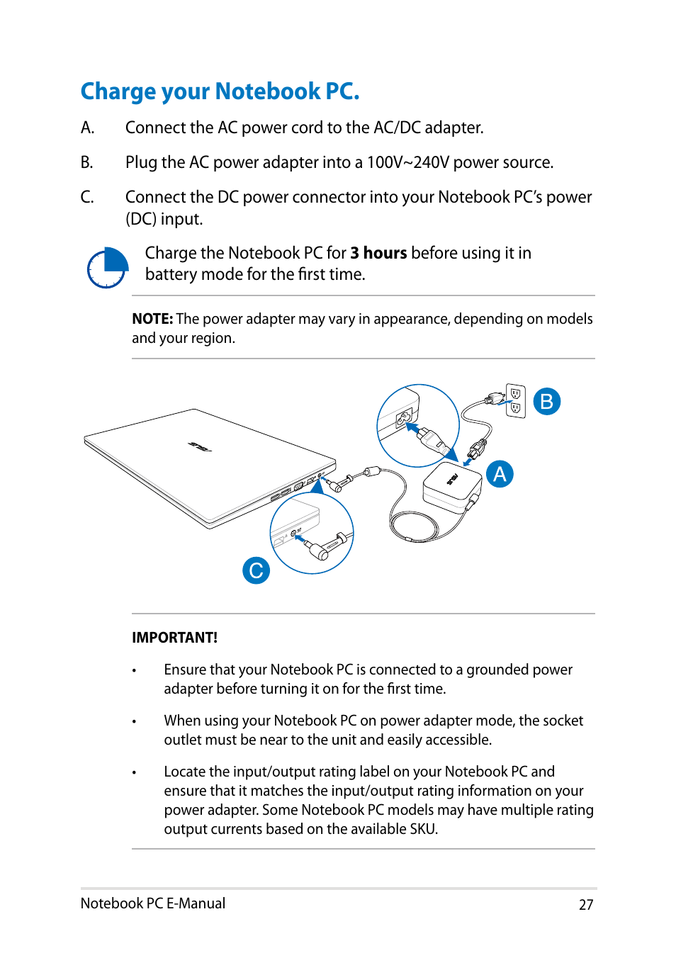 Charge your notebook pc | Asus PU401LA User Manual | Page 27 / 132