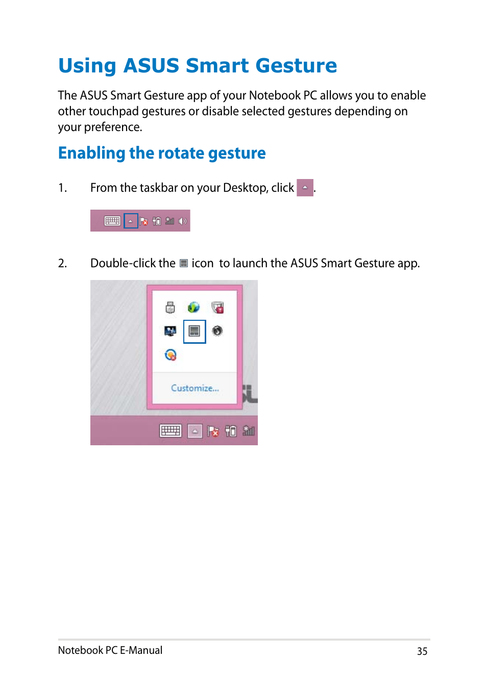 Using asus smart gesture, Enabling the rotate gesture | Asus PU401LA User Manual | Page 35 / 132