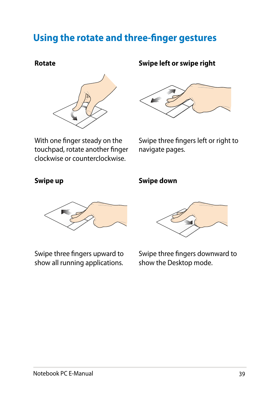 Using the rotate and three-finger gestures | Asus PU401LA User Manual | Page 39 / 132