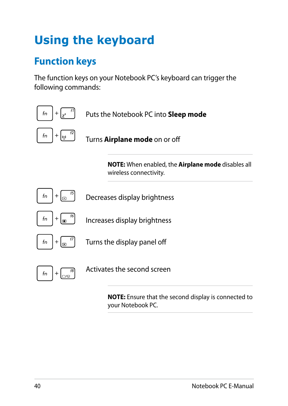 Using the keyboard, Function keys | Asus PU401LA User Manual | Page 40 / 132