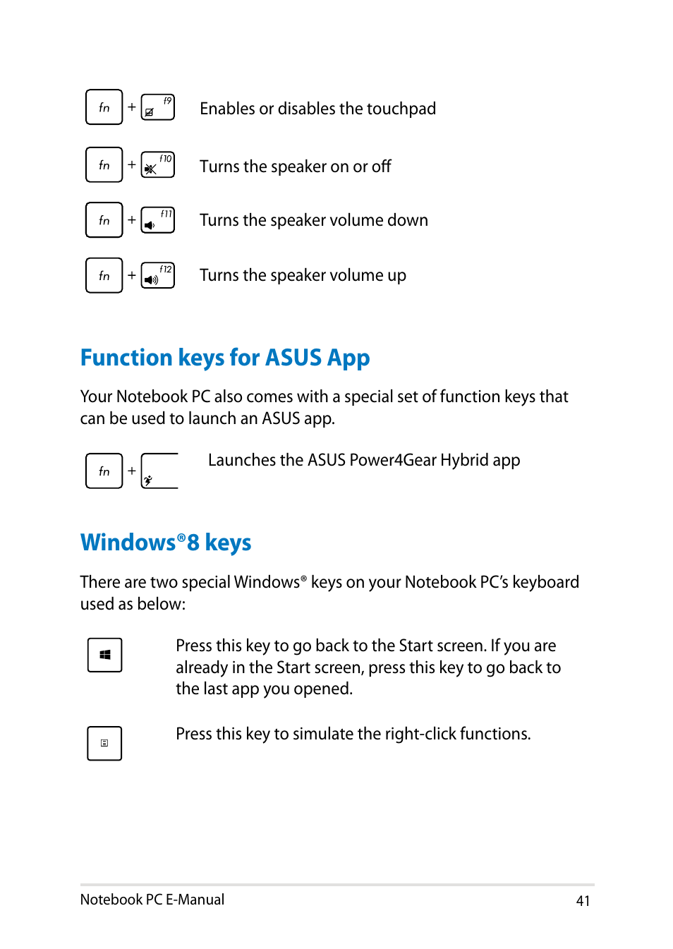 Function keys for asus app, Windows®8 keys, Function keys for asus app windows®8 keys | Asus PU401LA User Manual | Page 41 / 132