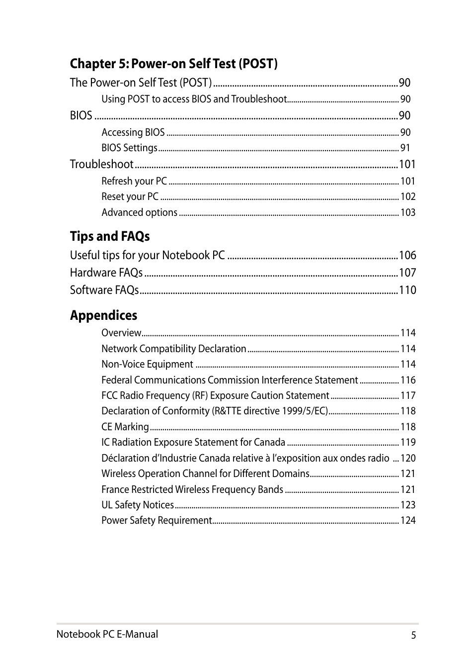 Chapter 5: power-on self test (post), Tips and faqs, Appendices | Asus PU401LA User Manual | Page 5 / 132