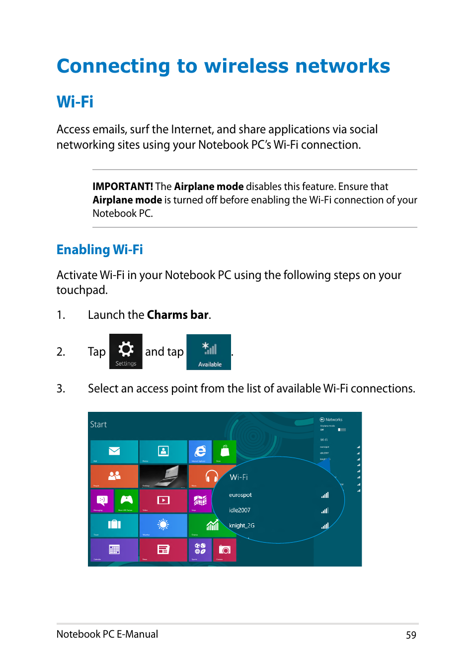 Connecting to wireless networks, Wi-fi | Asus PU401LA User Manual | Page 59 / 132