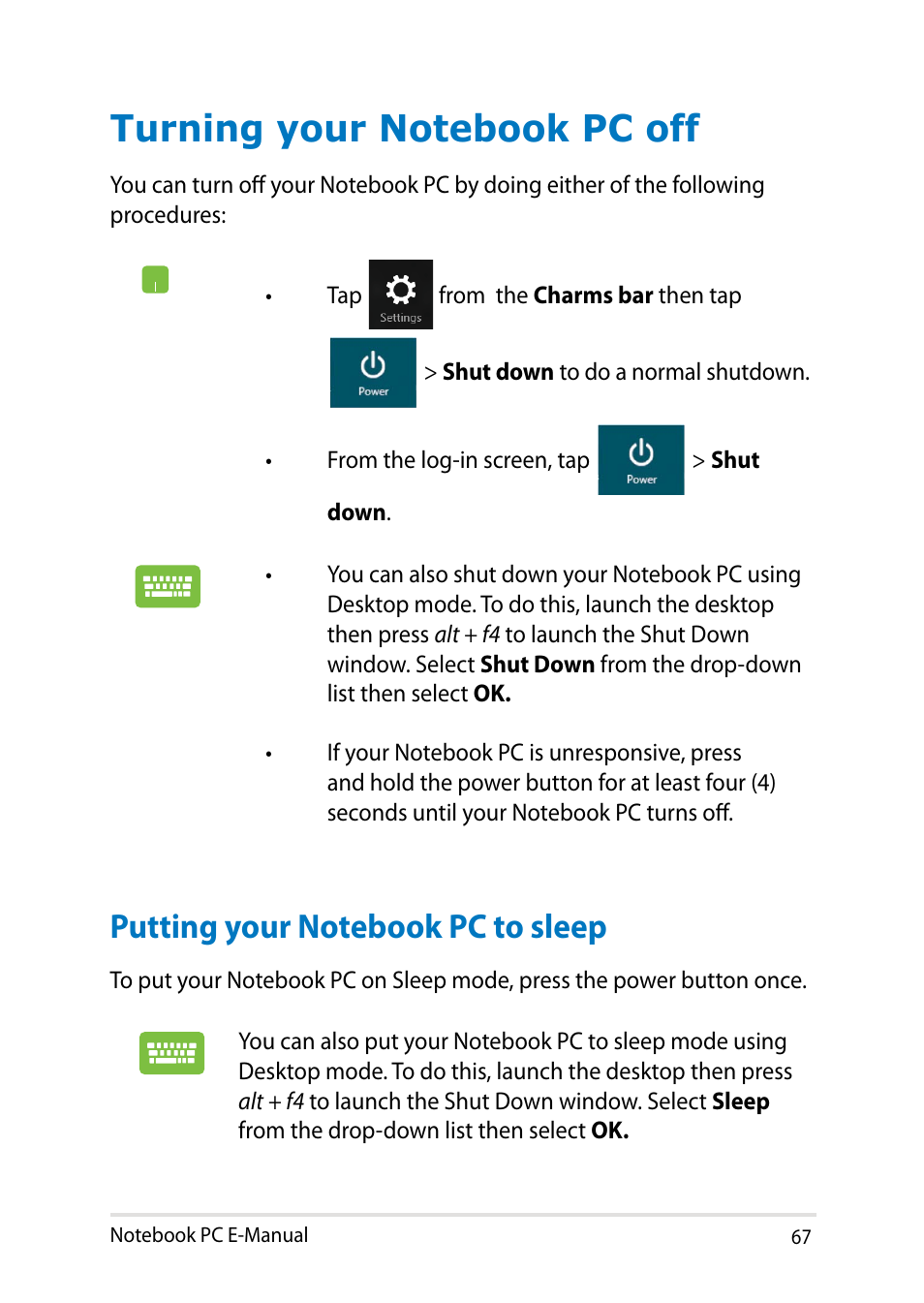 Turning your notebook pc off, Putting your notebook pc to sleep | Asus PU401LA User Manual | Page 67 / 132