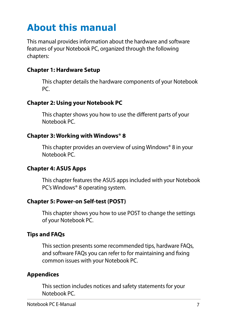 About this manual | Asus PU401LA User Manual | Page 7 / 132