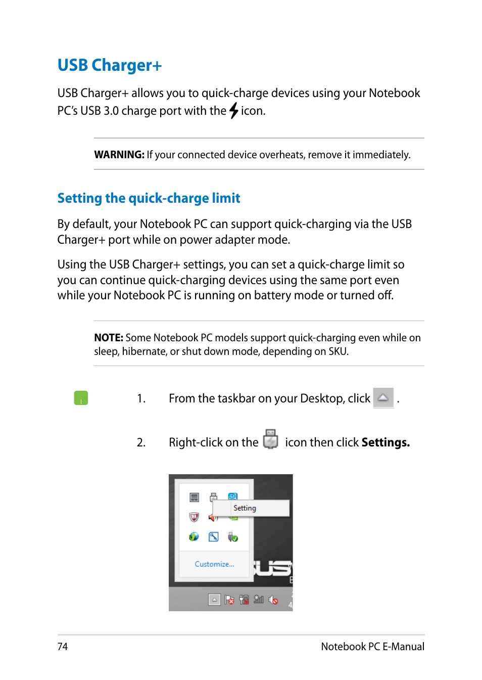 Usb charger | Asus PU401LA User Manual | Page 74 / 132