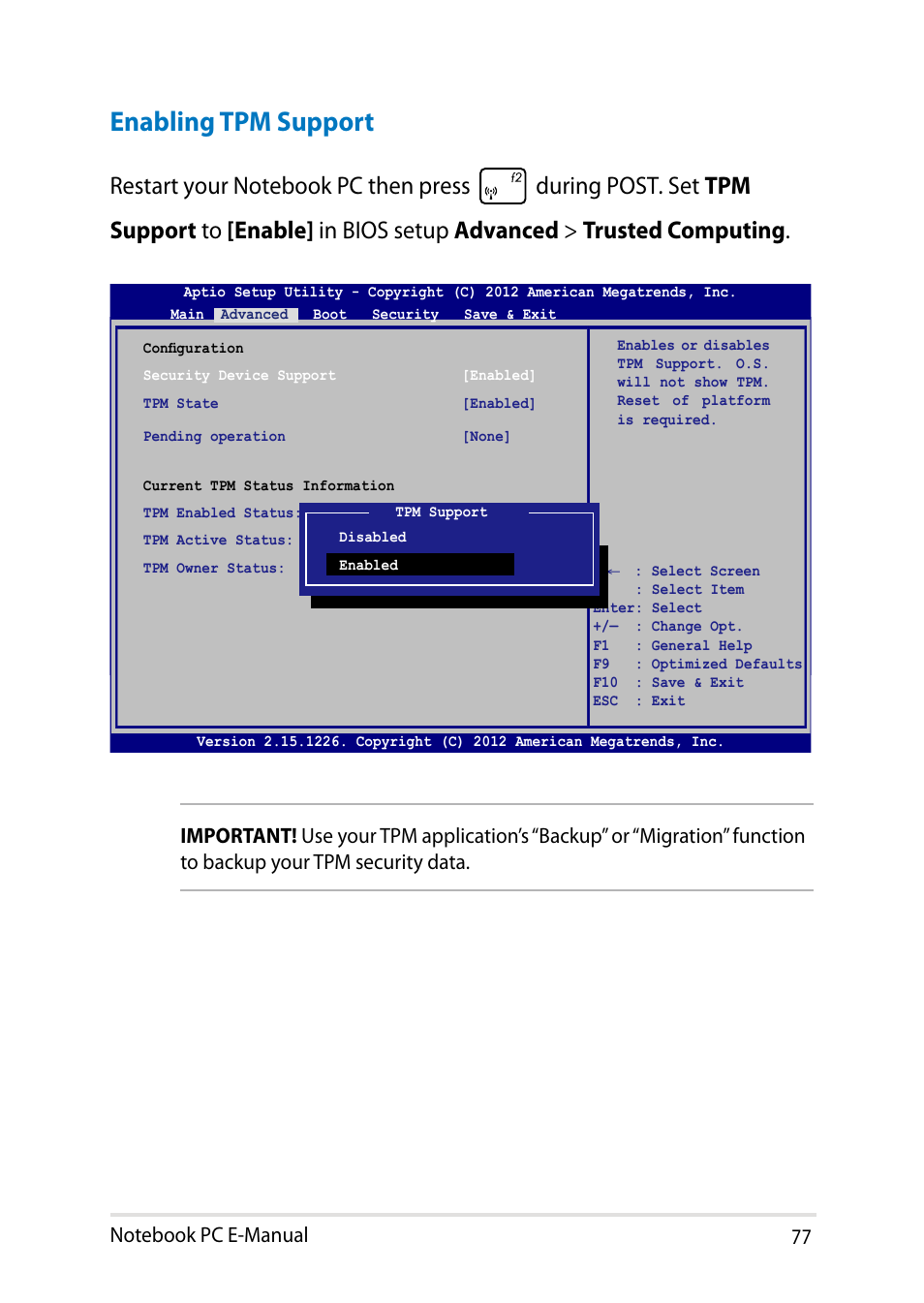 Enabling tpm support | Asus PU401LA User Manual | Page 77 / 132