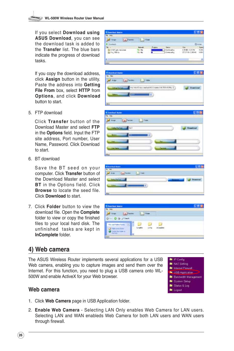 4) web camera, Web camera | Asus WL-500W User Manual | Page 28 / 56