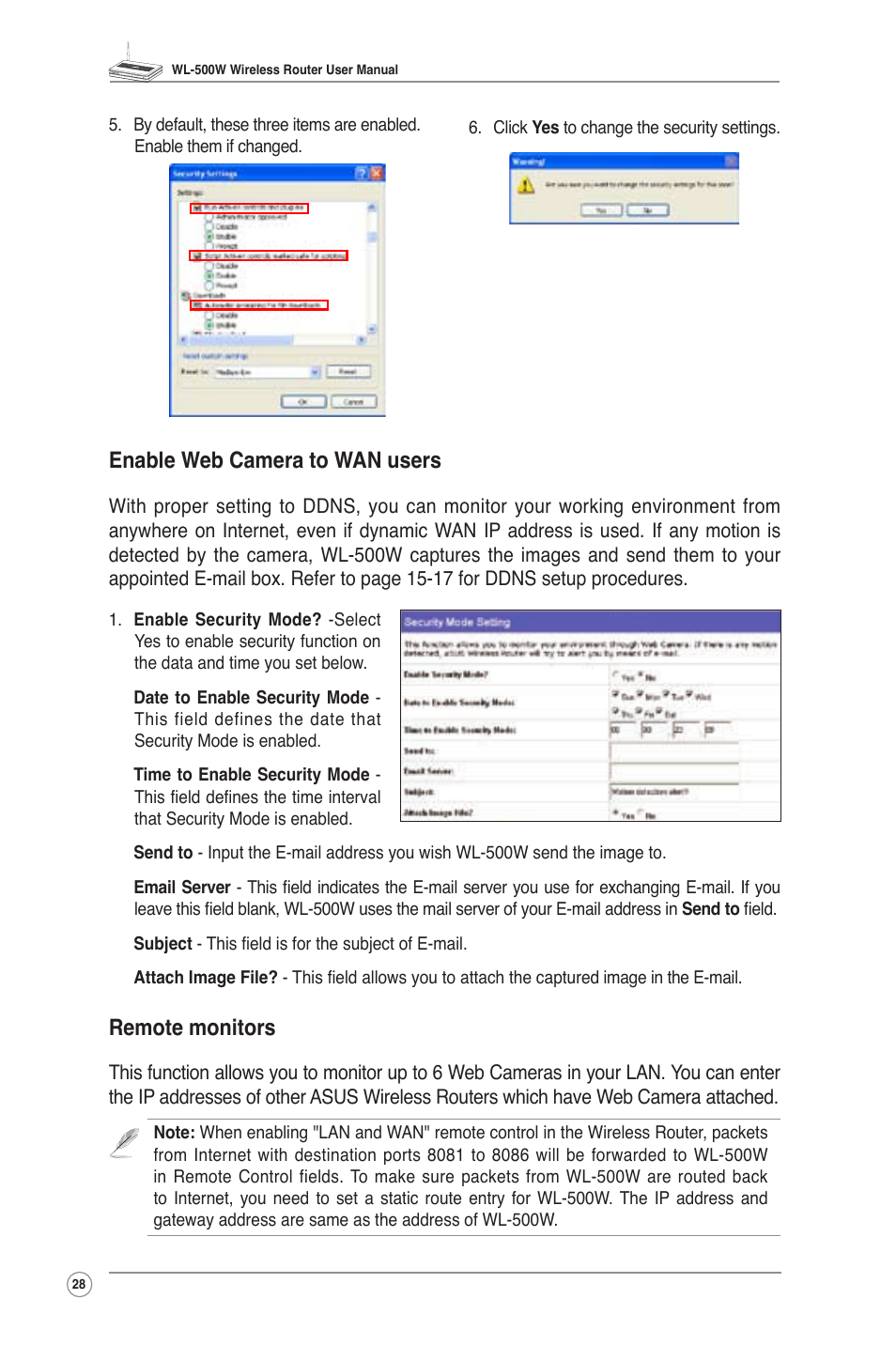 Remote monitors, Enable web camera to wan users | Asus WL-500W User Manual | Page 30 / 56