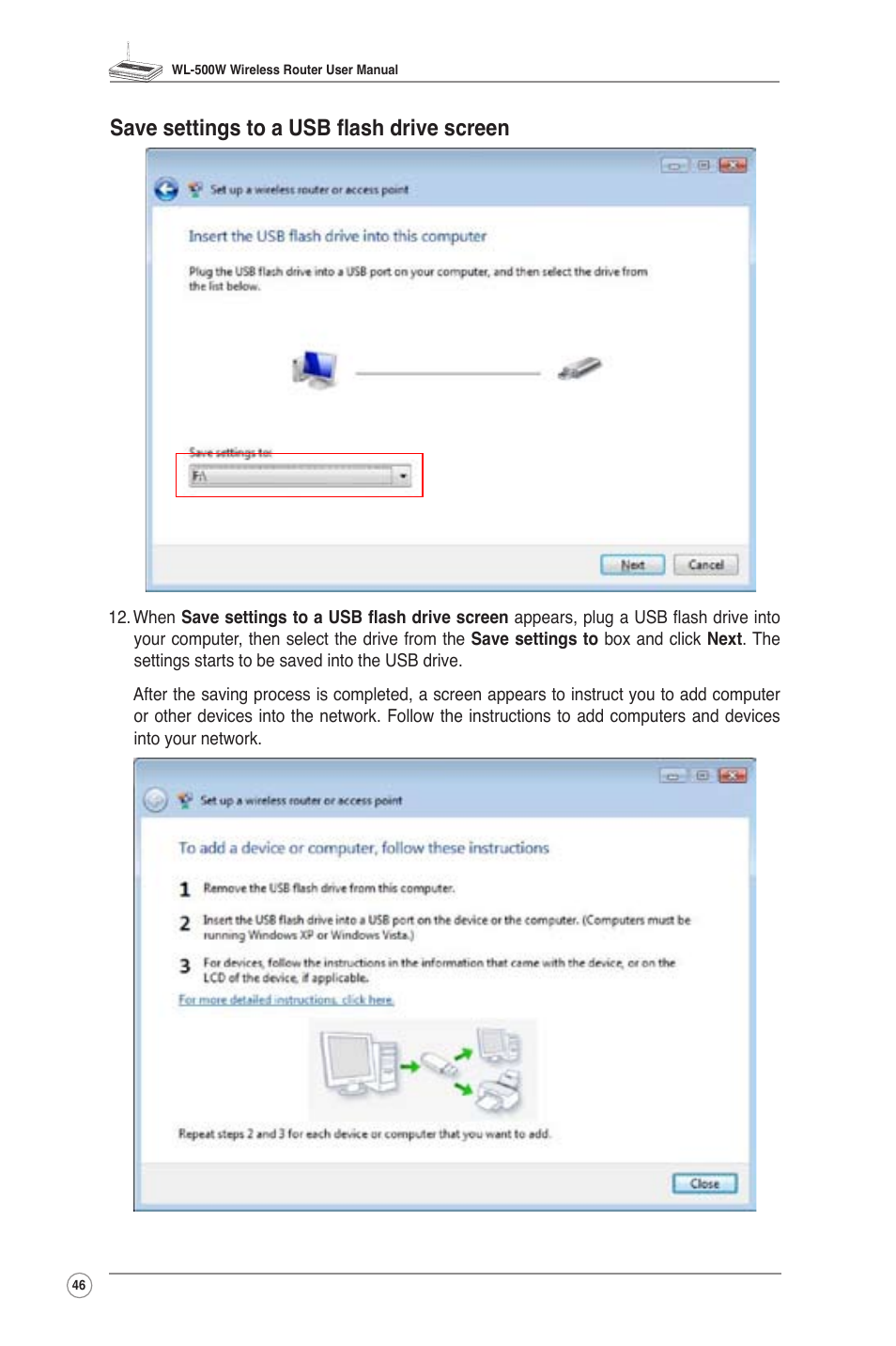 Save settings to a usb flash drive screen | Asus WL-500W User Manual | Page 48 / 56